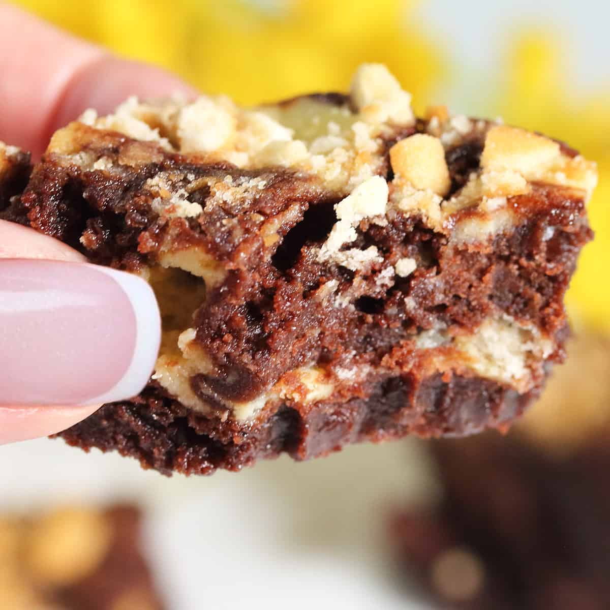 Holding brownie with bite out of it.