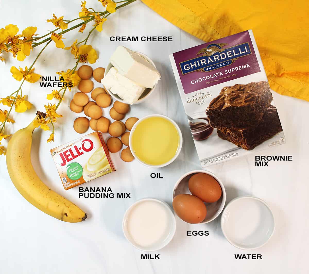 Ingredients for Banana Pudding Brownies with Nilla Wafers.