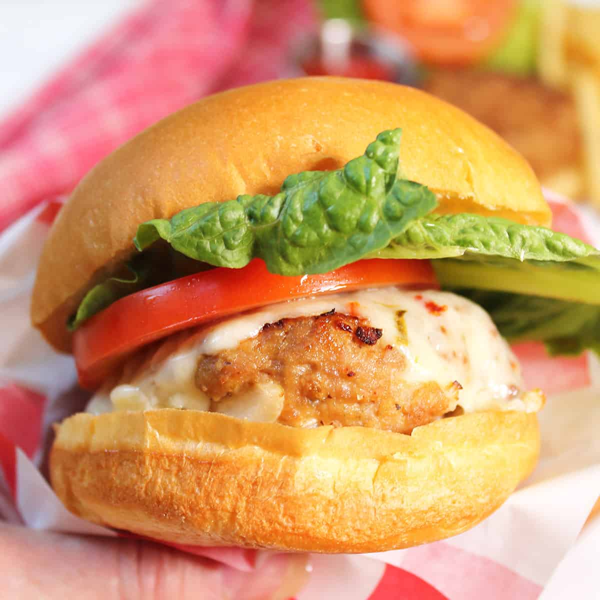 Holding air fryer turkey burger on bun with lettuce, tomato and cheese.
