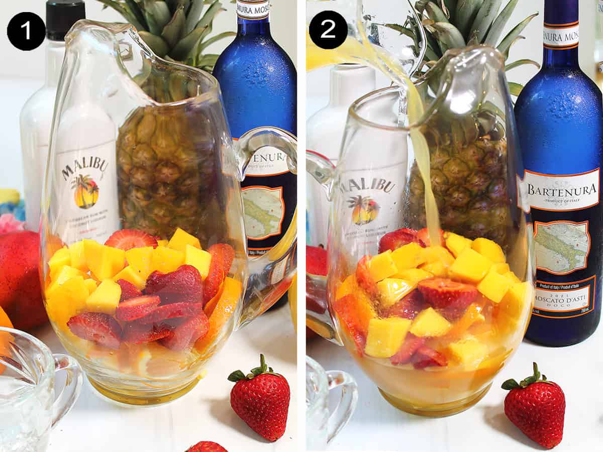 Steps 1-2 to make Pineapple Sangria.