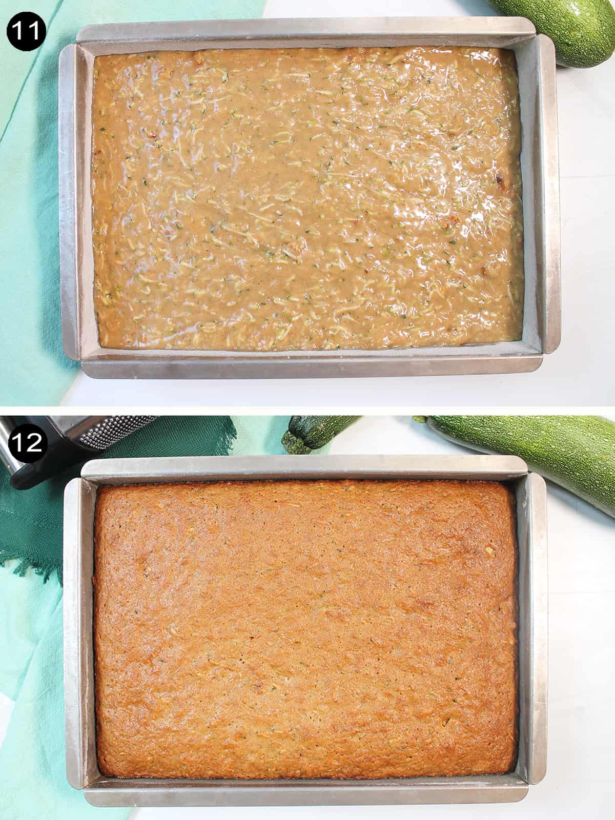Zucchini Sheet Cake unbaked and baked.