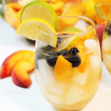 Closeup of garnished glass filled with sangria with tequila.
