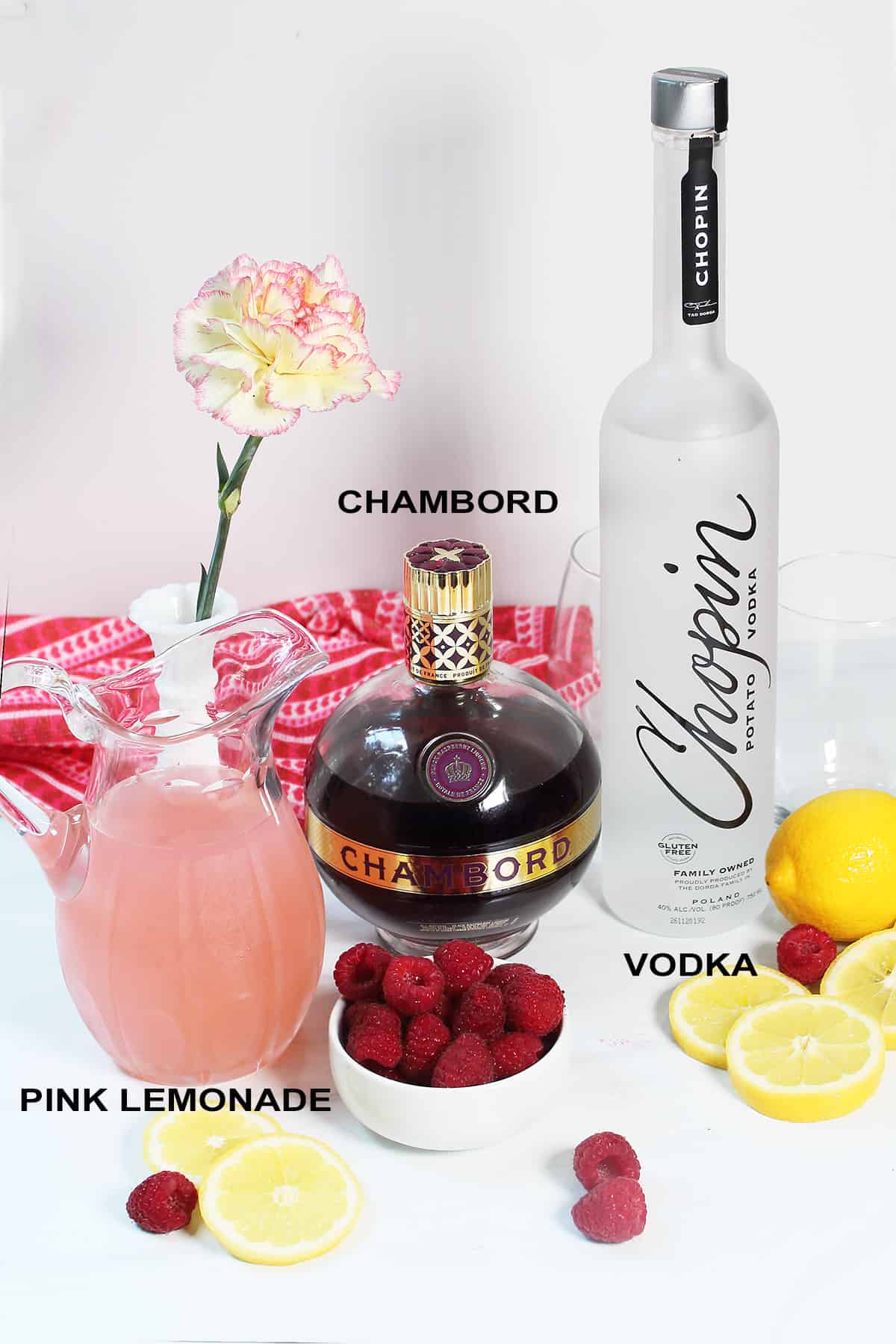 Ingredients for pink lemonade cocktail.