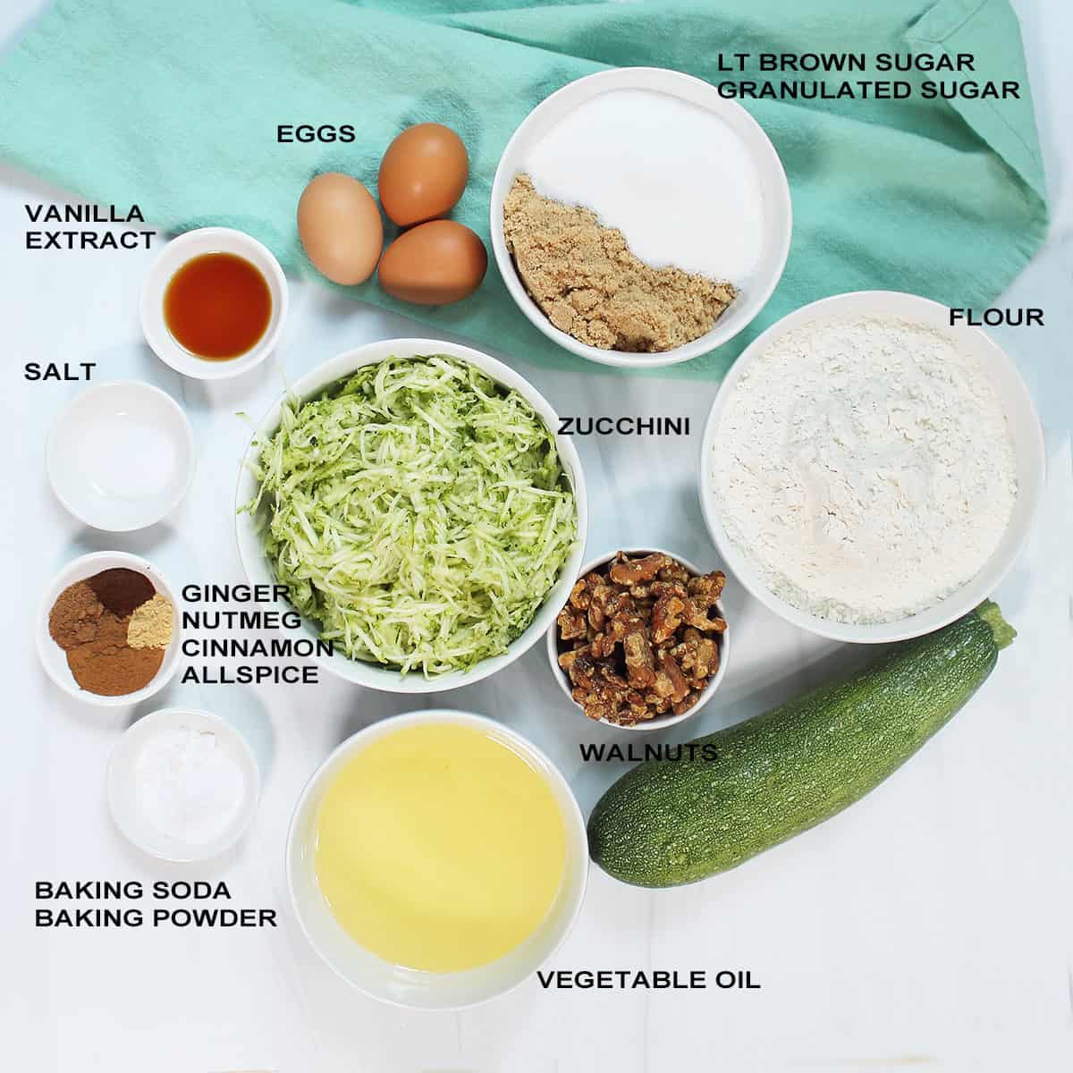 Ingredients for spiced zucchini cake.