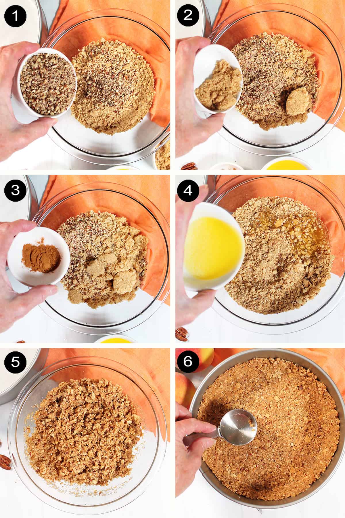 Steps to make graham cracker pecan crust.