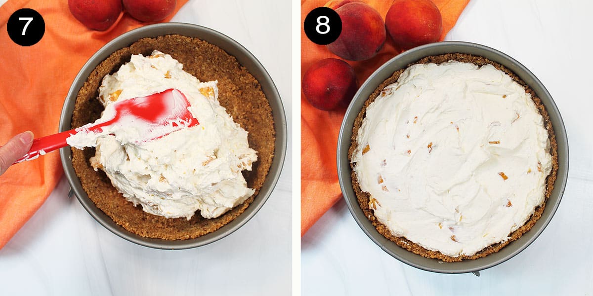 Placing cheesecake batter in graham cracker crust.