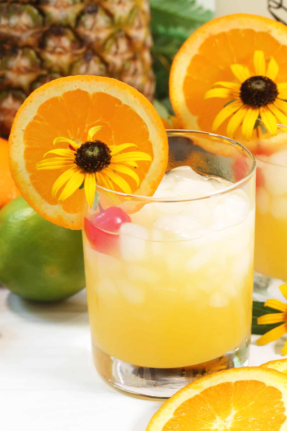 Closeup of drink with orange slice and flower garnish.