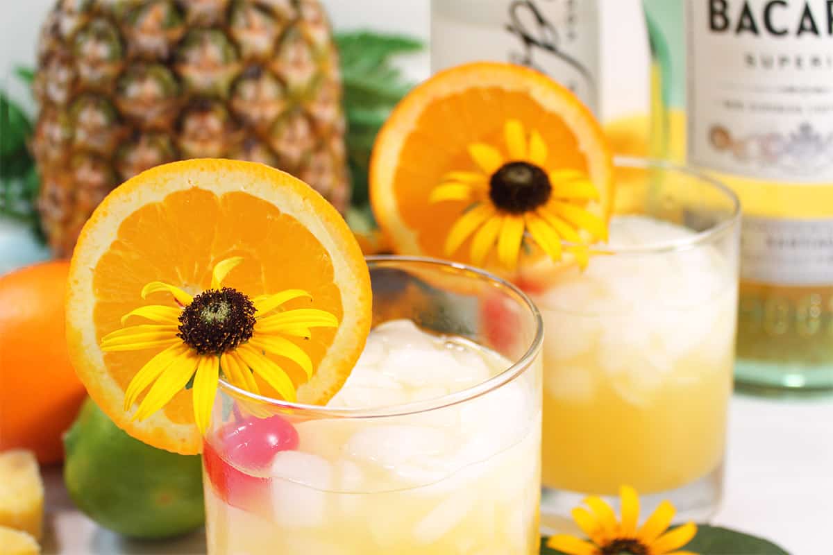 Closeup of garnished glasses.