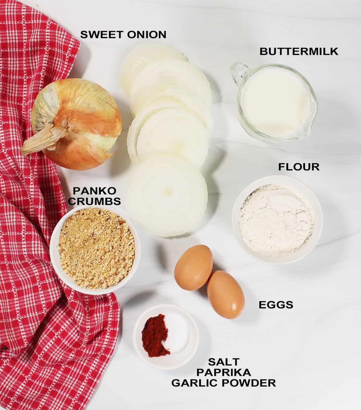 Ingredients for air fryer onion ring recipe.
