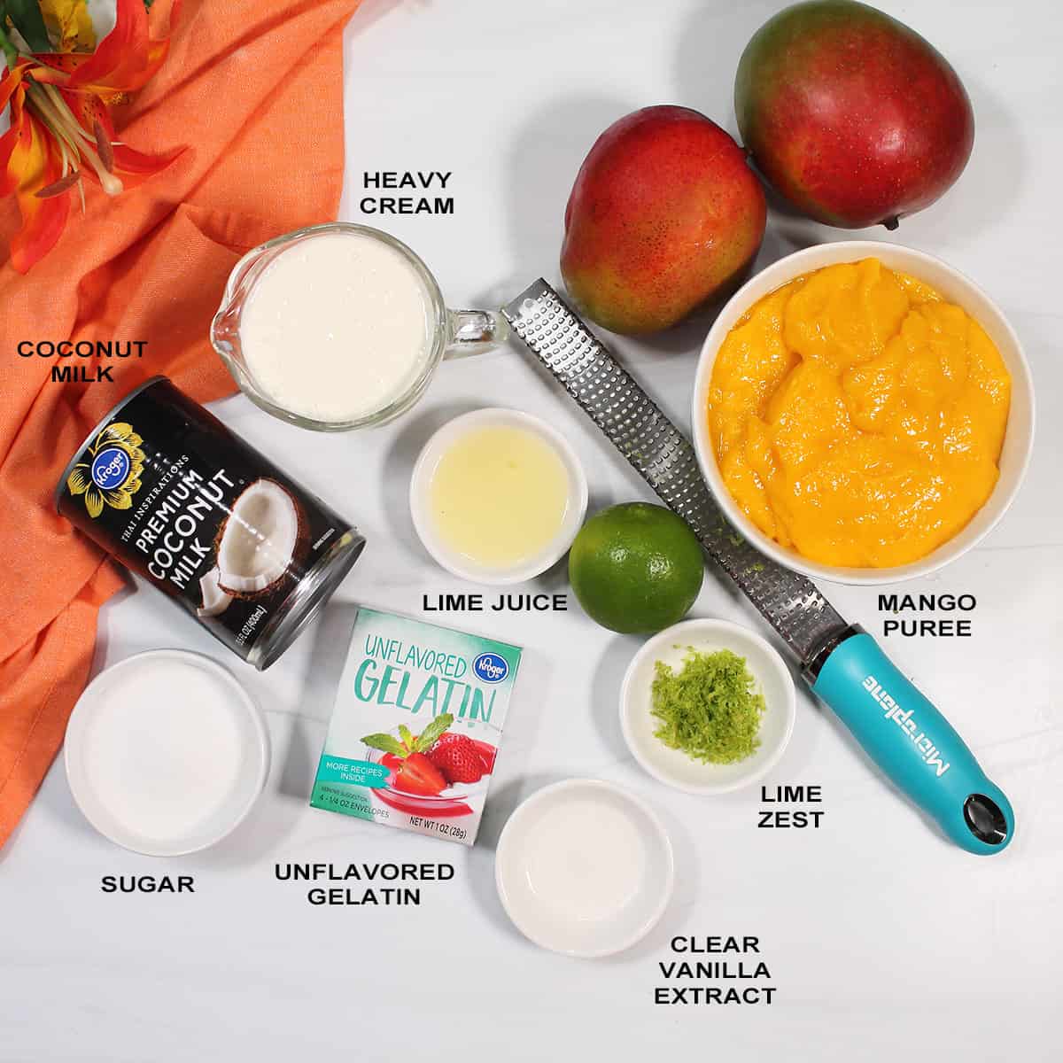 Ingredients for panna cotta with mango.