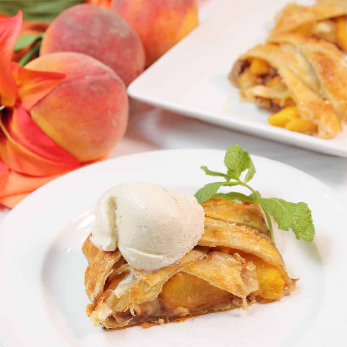 Slice of strudel with ice cream.