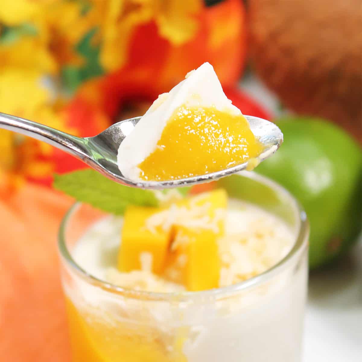 Spoonful of creamy panna cotta.
