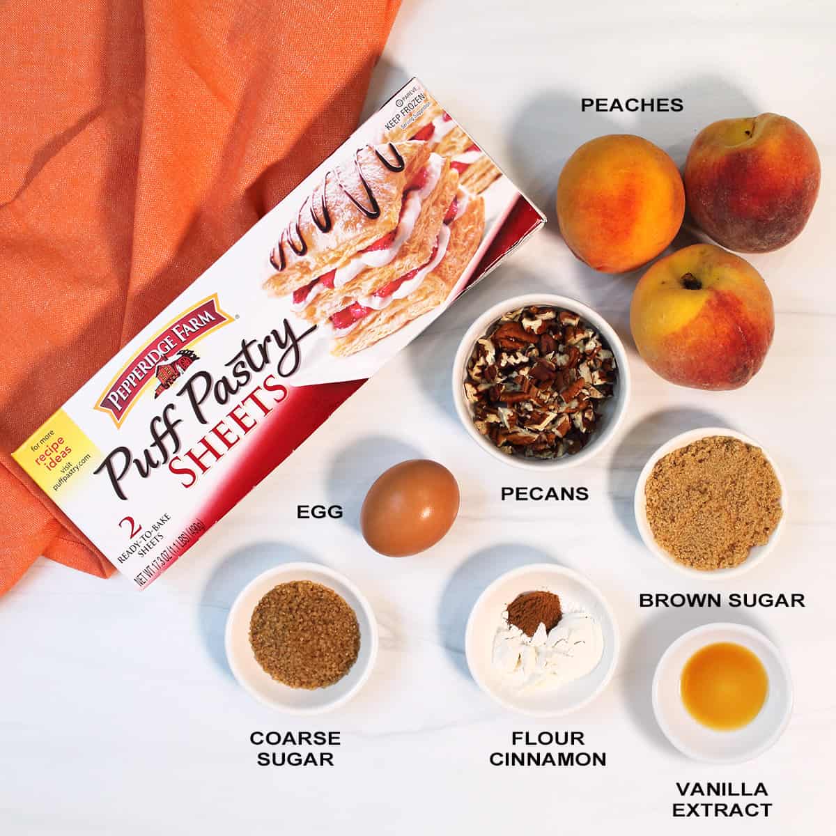 Ingredients for peach puff pastry.