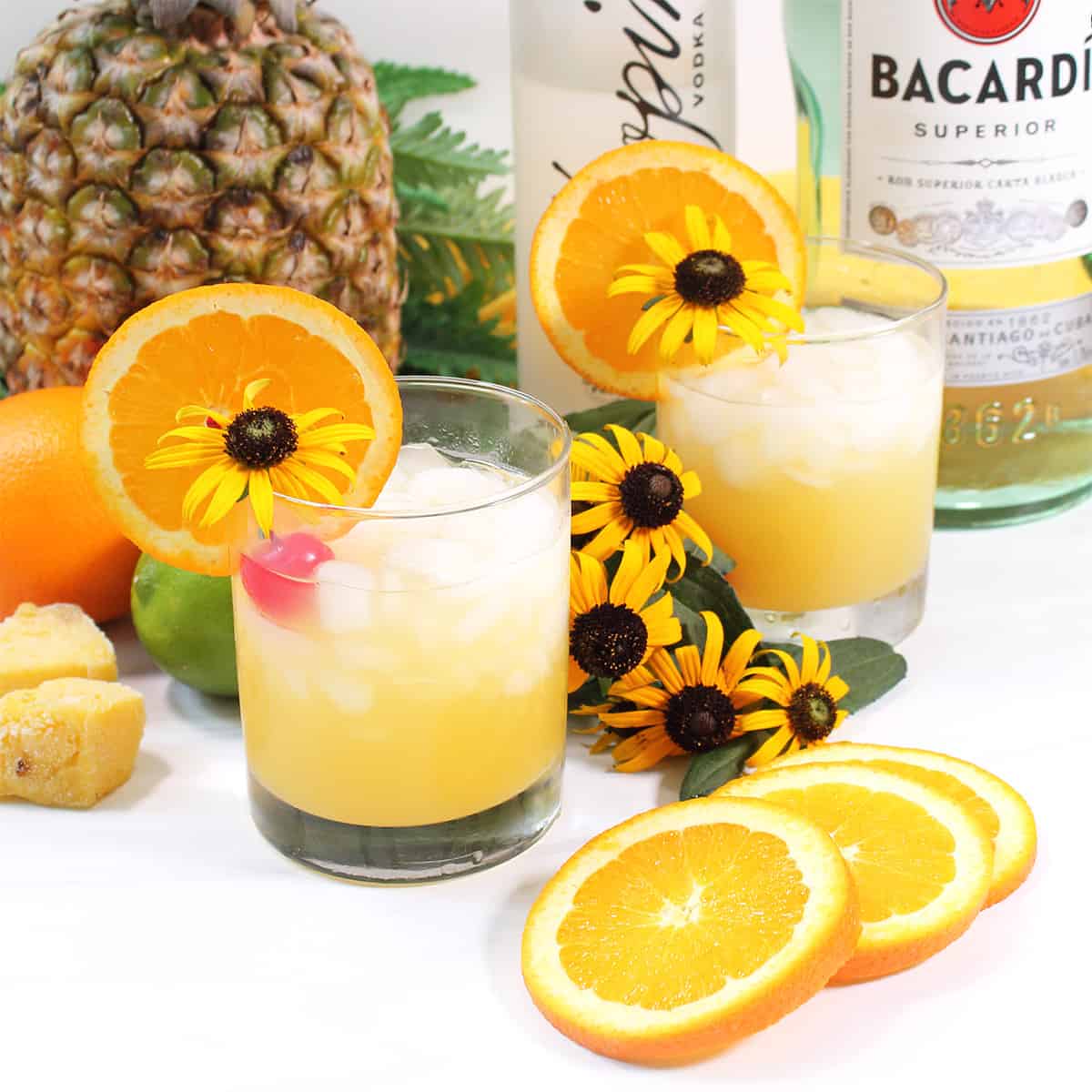 Two Black Eyed Susan Cocktails with orange slices, flower and cherry.