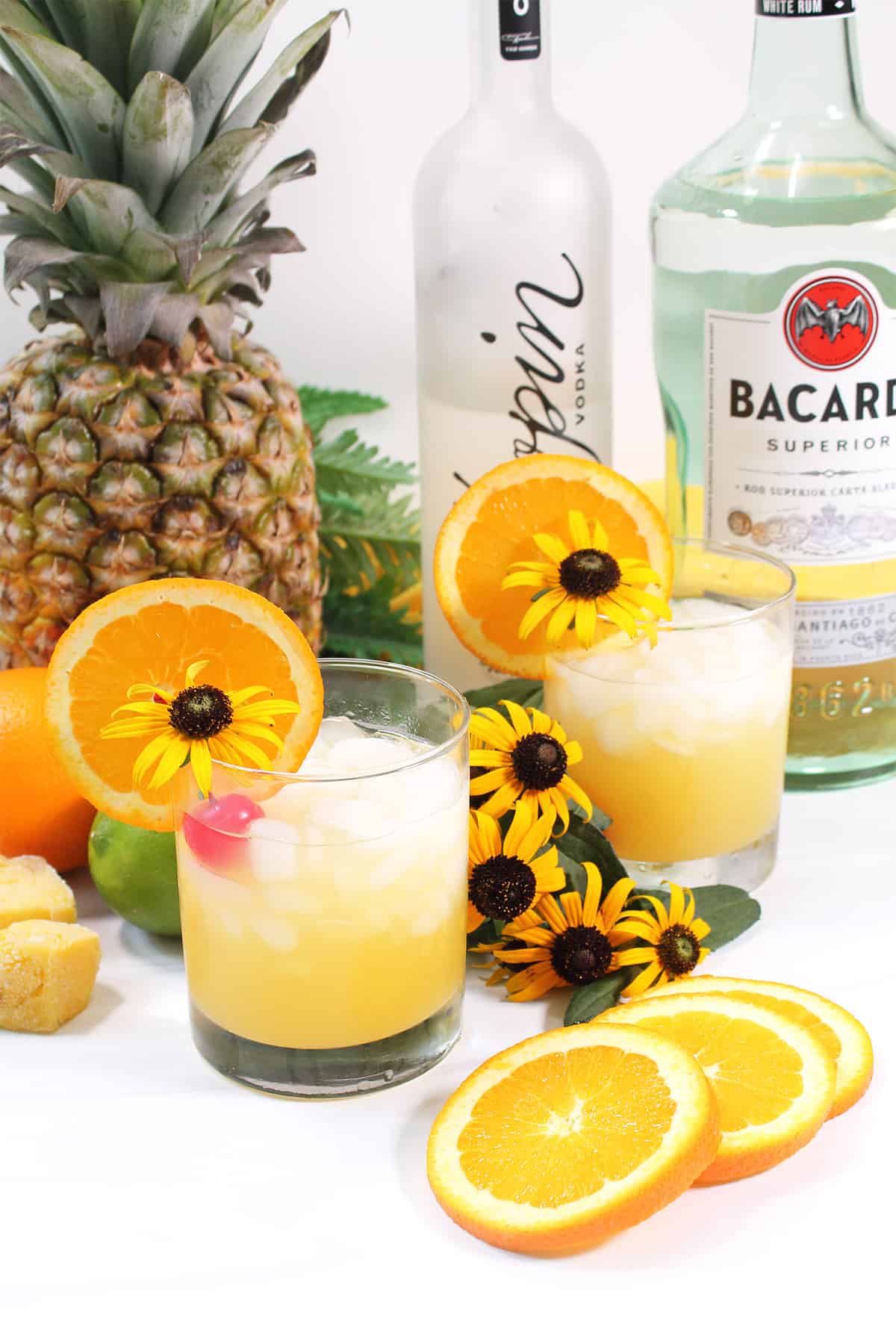 Two Black Eyed Susan Drinks with ingredients.