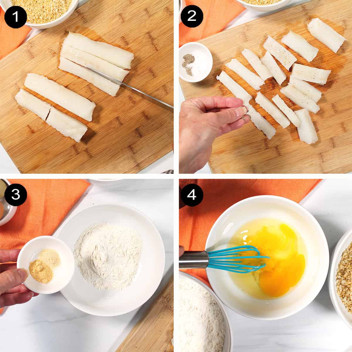 Prep steps 1-4 to prepare fish sticks for air fryer.
