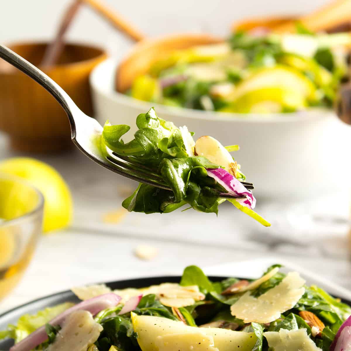 Bite of salad on fork.