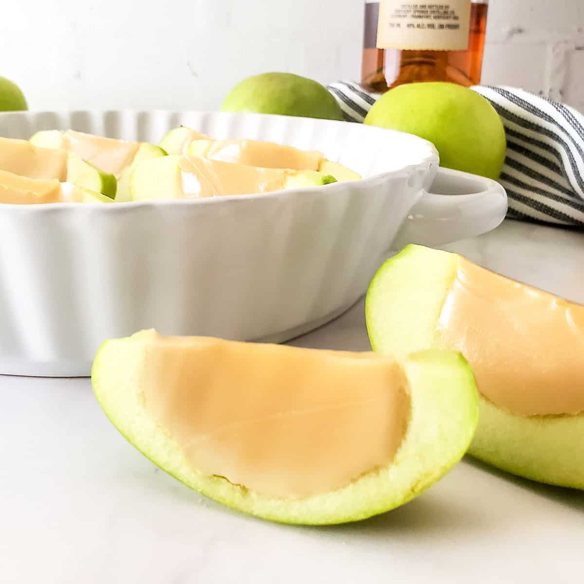 Closeup of caramel apple shots.