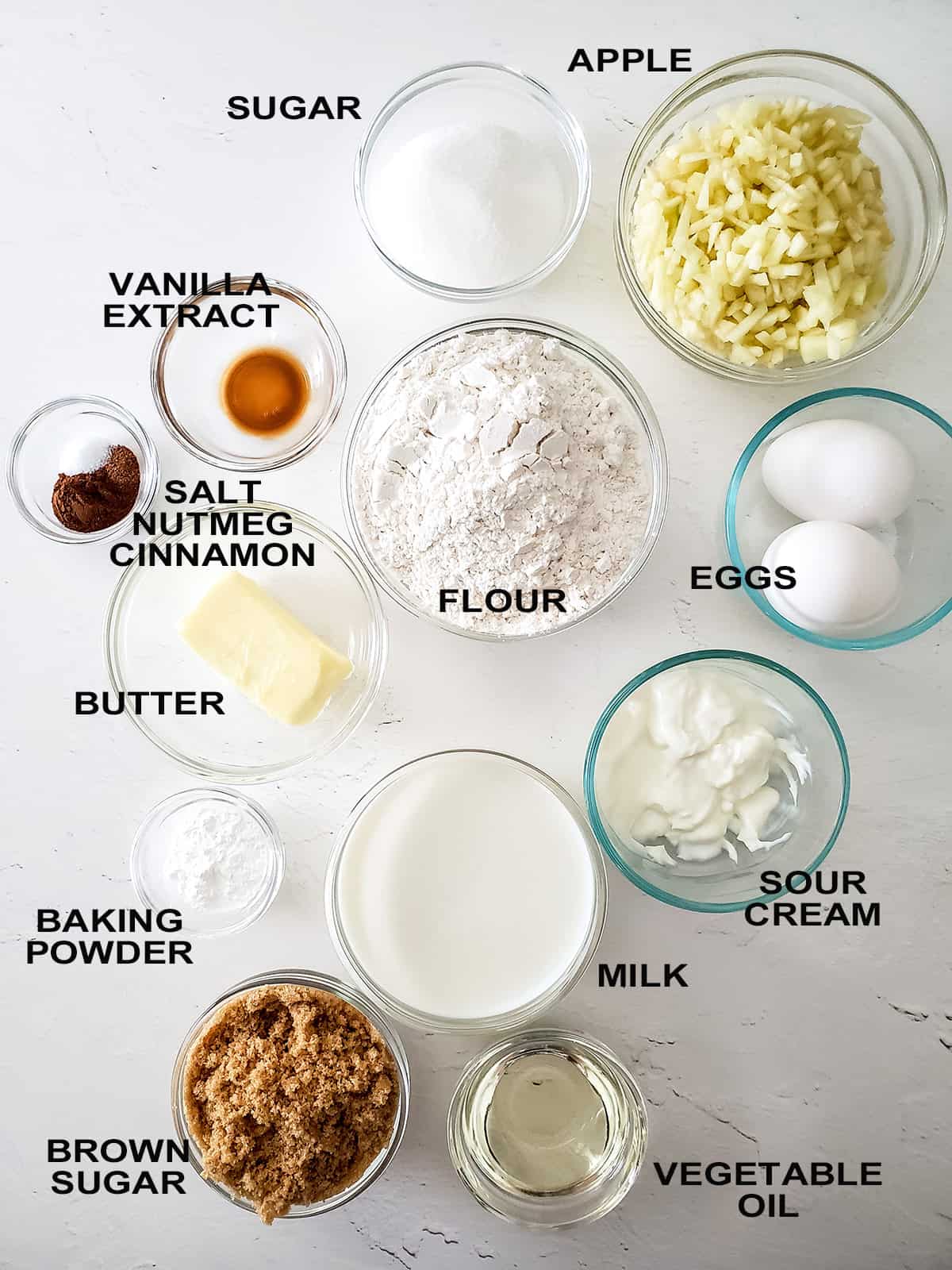 Labeled ingredients for caramel apple cupcakes.