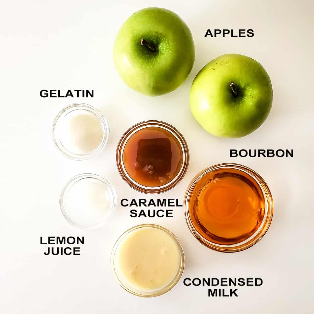Ingredients for apple shots labeled.