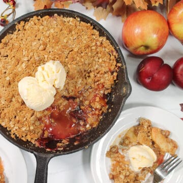 Overhead of skillet with one serving on plate.