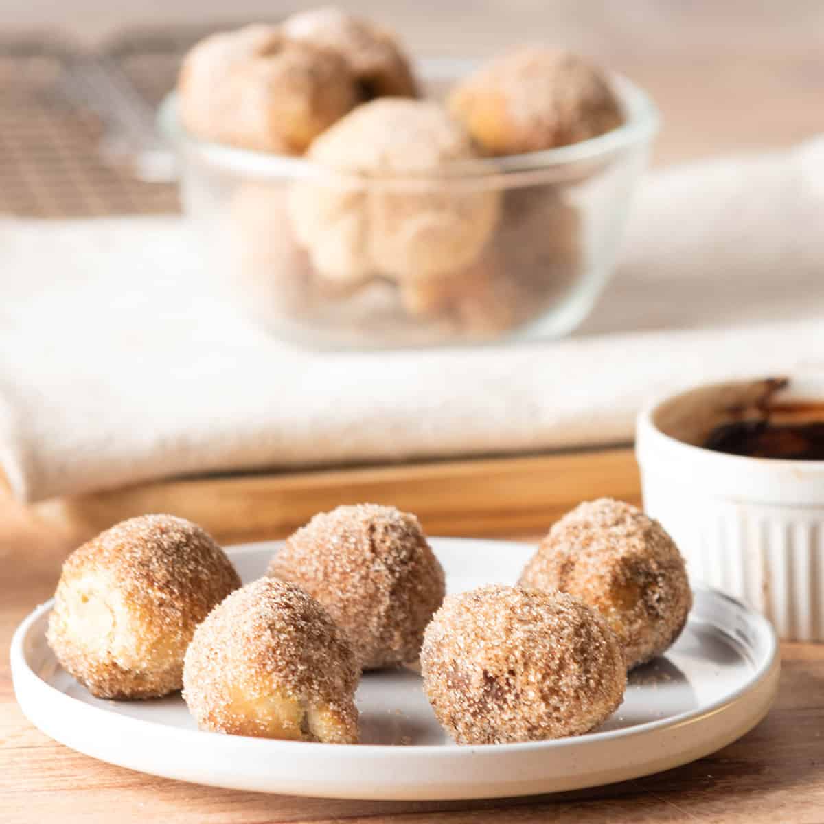 Plateful of cinnamon sugar donut holes with bowl in back.