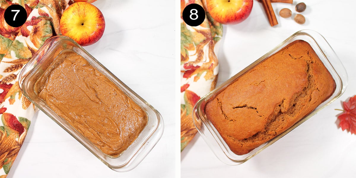 Batter in loaf pan before and after baking.