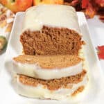 Front view of slice apple butter cake.