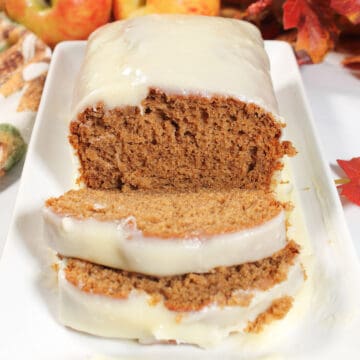 Front view of slice apple butter cake.