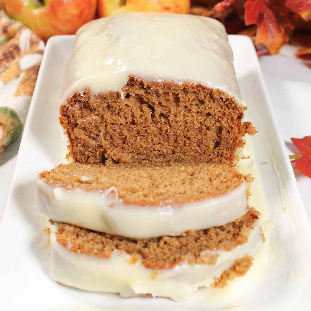 Front view of slice apple butter cake.