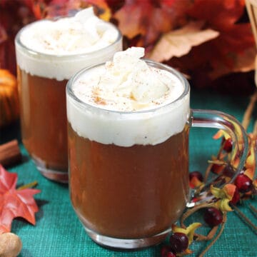 Two mugs of hot spiked apple cider with whipped cream.