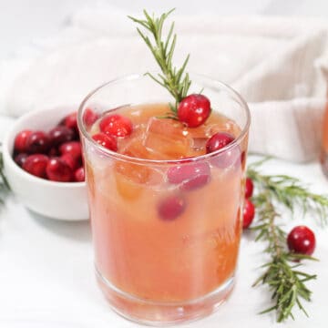 Closeup of cranberry bourbon cocktail with cranberries.