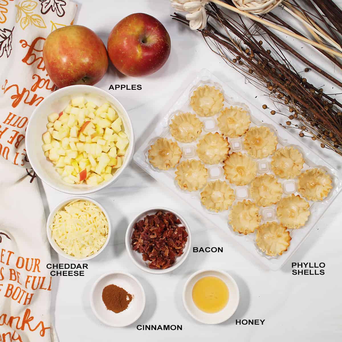 Ingredients for apple bacon cheddar cups.