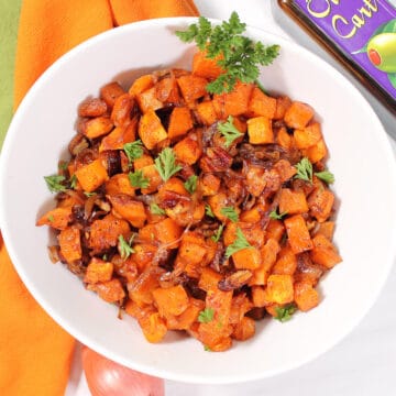 Closeup of finished Maple Sweet Potatoes in bowl.