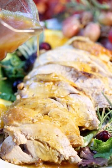 Pouring honey butter over turkey.