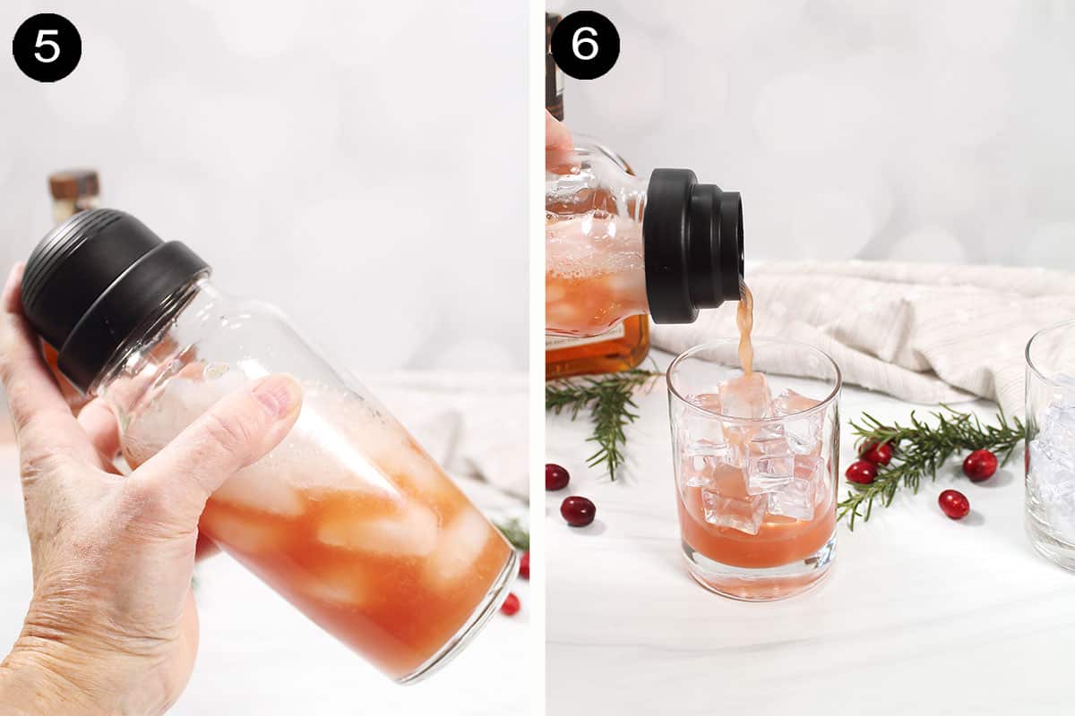 Shaking and pouring cranberry cocktail.