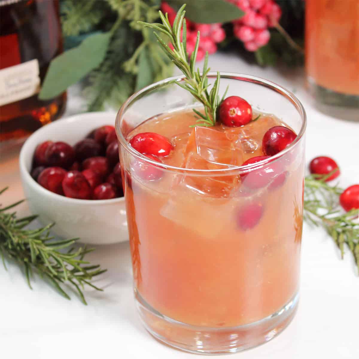 Closeup of single Christmas cranberry cocktail.