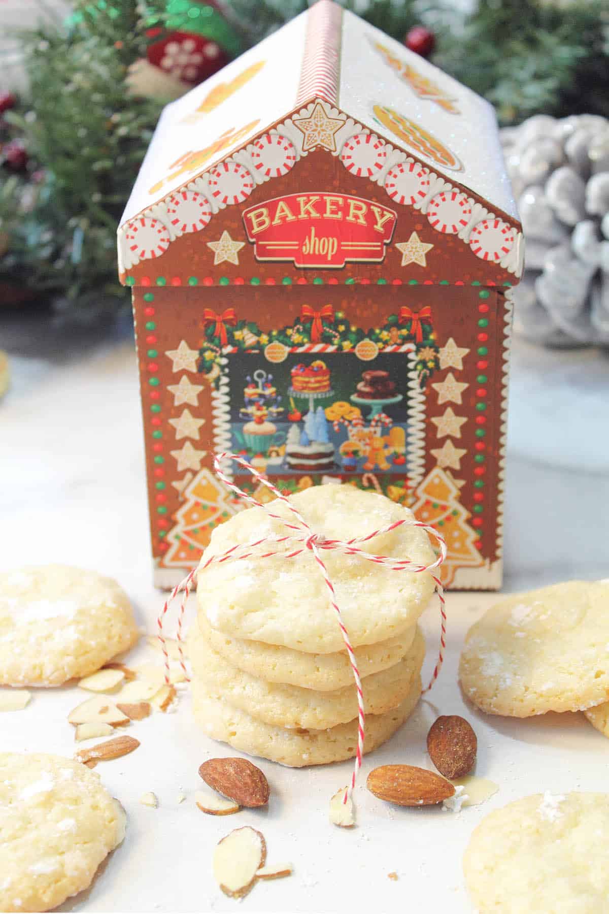 Stack of cookies tied with twine in front of cookie house.