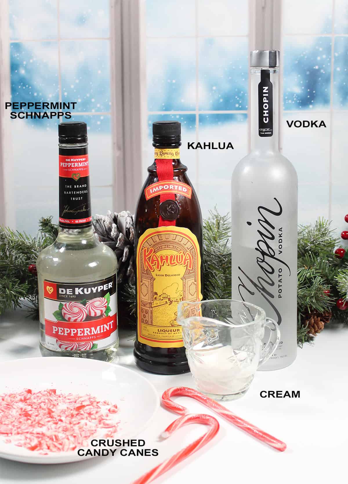 Cocktail ingredients with crushed candy canes.