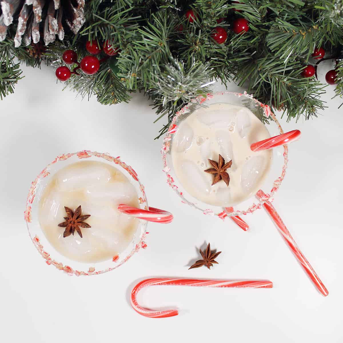Overhead of two cocktails.