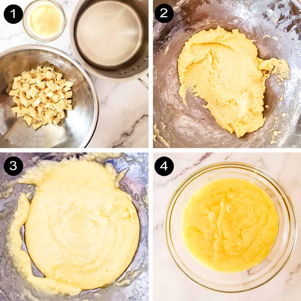 Preparing white chocolate truffles mixture.
