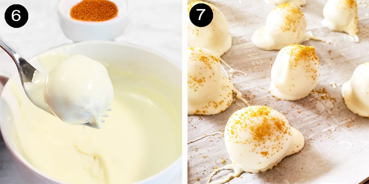 Dipping truffles in white chocolate.