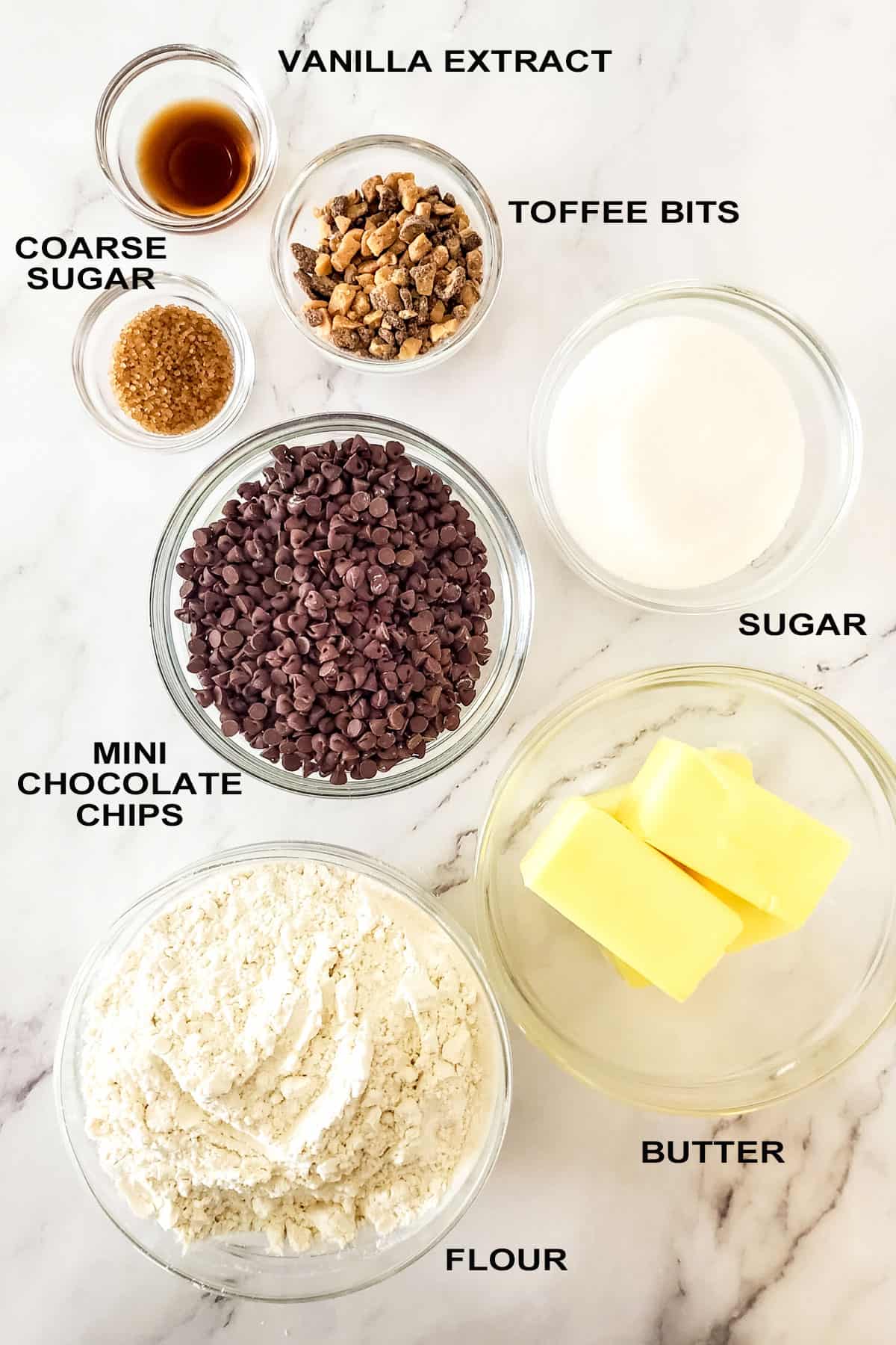 Ingredients for chocolate chip shortbread.