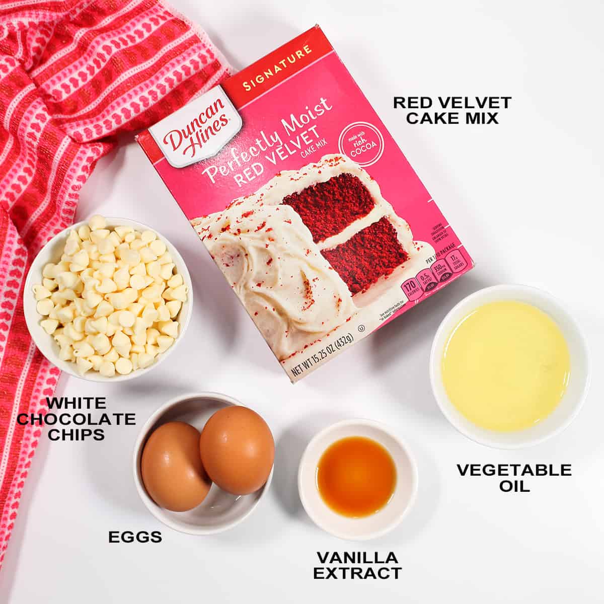 Ingredients for red velvet brownies.