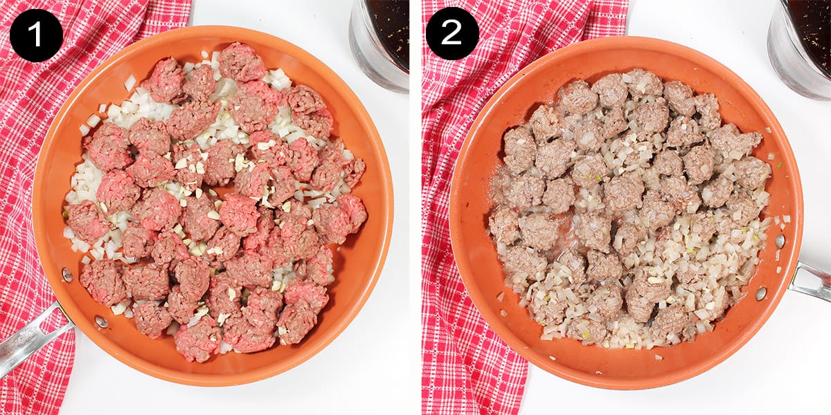 Browning ground beef for hamburger soup.