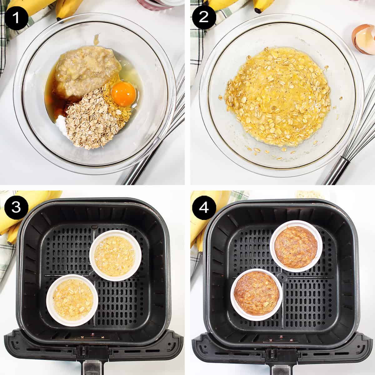Steps to make air fryer baked oats.