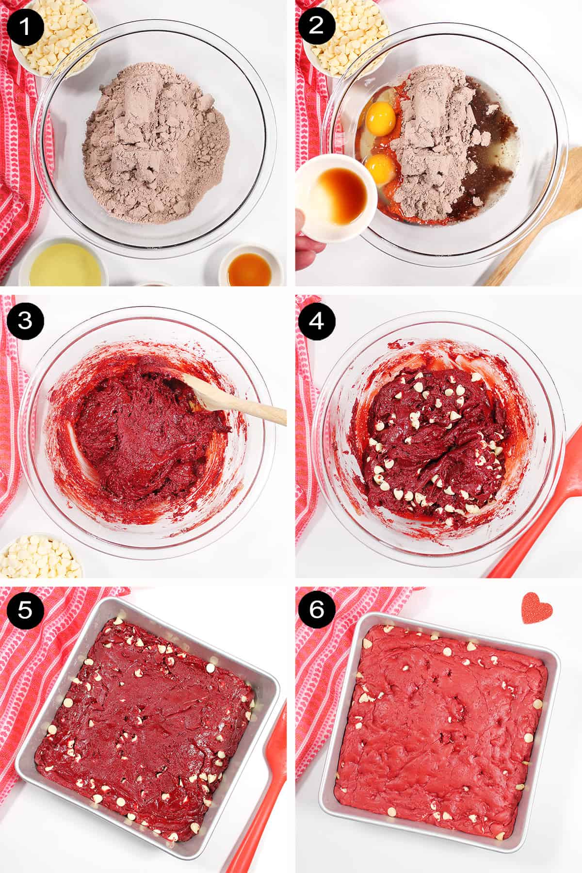 Steps to make red velvet brownies.