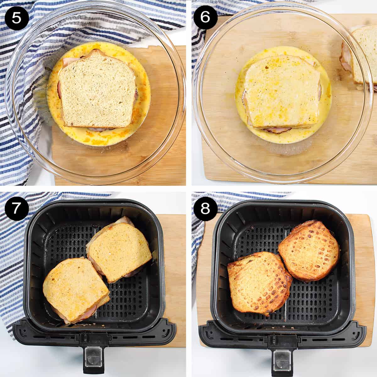 Air frying monte cristo sandwich steps.