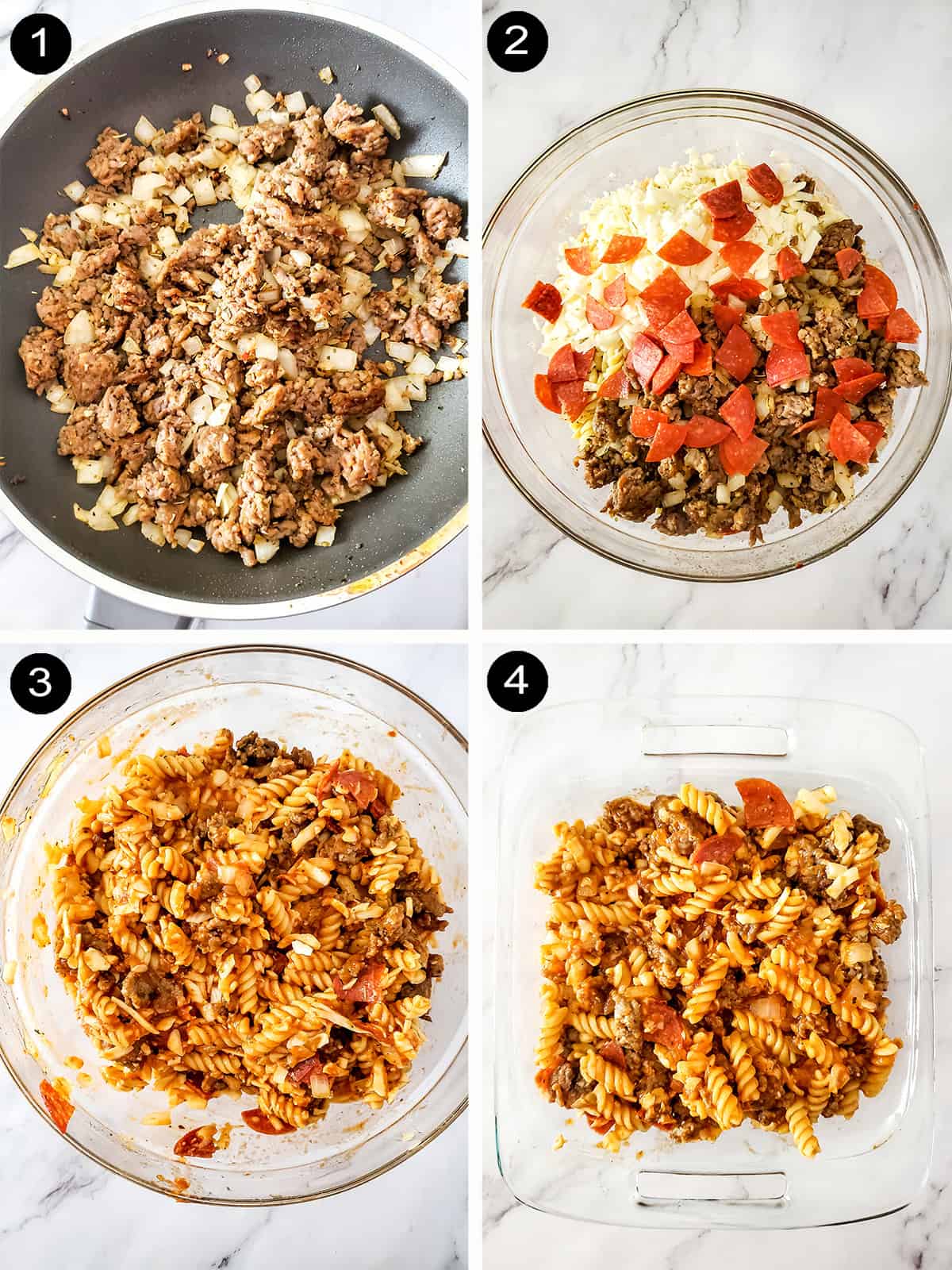 Steps to make pizza pasta bake.