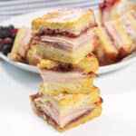 Stacked quartered sandwich showing what's inside.